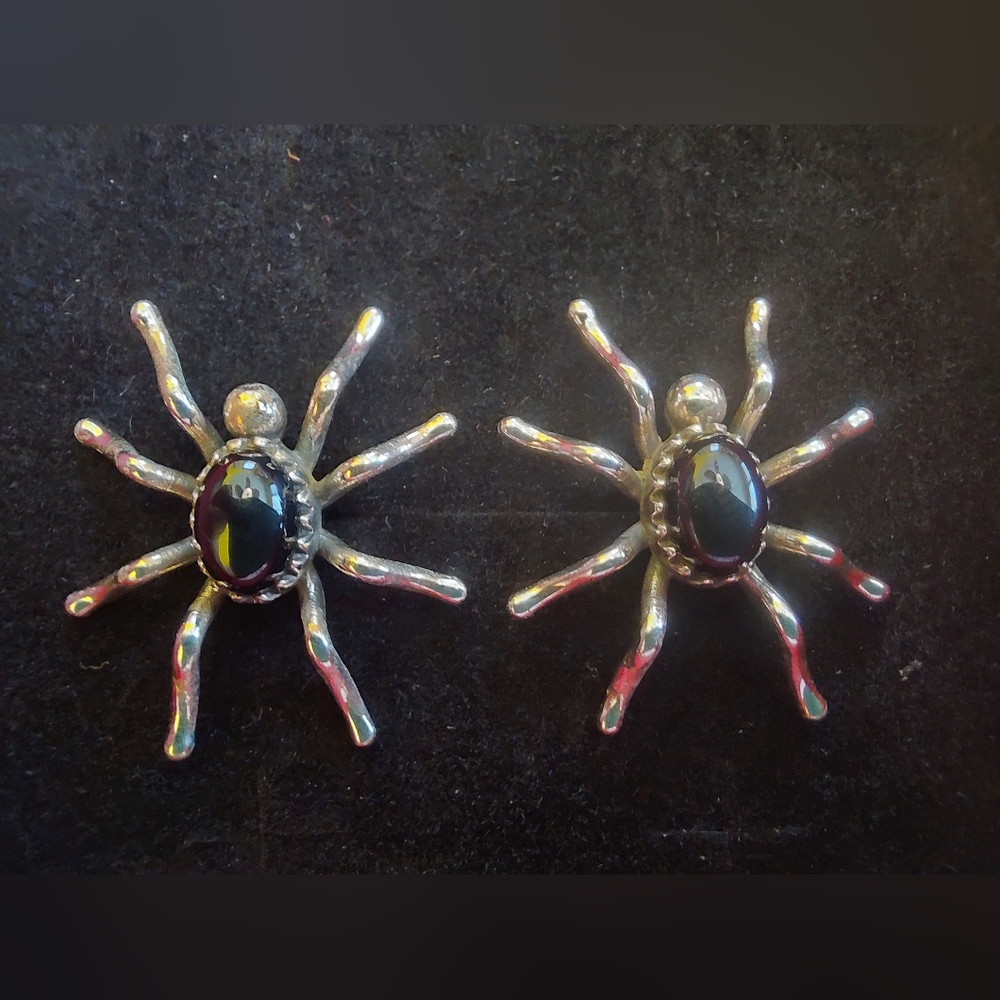 Spider-Shaped Black Onyx Silver Stud Earrings